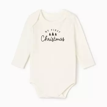 Боди с длинным рукавом Крошка Я Christmas, рост 80-86, бежевый