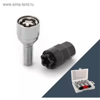 Болт секретный M12x1,5, 56/28, конус, хром, 4 шт +2 ключа, пластиковая коробка