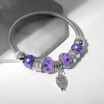 Браслет ассорти «Марджери» сова, цвет фиолетово-чёрный в серебре, d=6,5 см