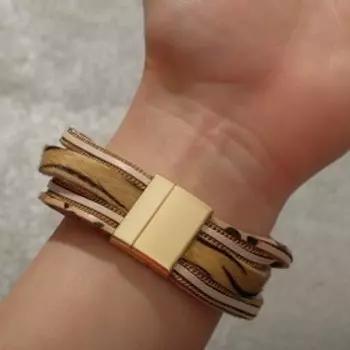 Браслет кожа "На магните" узор тигра, цвет бежево-коричневый в золоте, 19,5 см