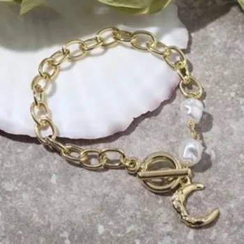 Браслет "Цепь" крючок с жемчугом, цвет белый в золоте, 22см