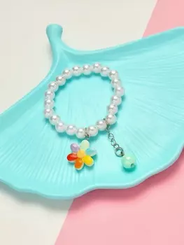 Браслет детский «Выбражулька» бусина на цепочке и цветок, жемчуг, цветной