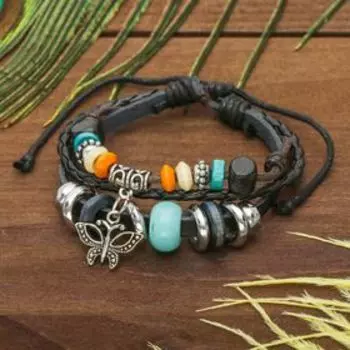 Браслет кожа «Бабочка» с бусинами, 3 нити, цветной, d=5 см