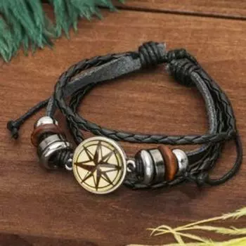 Браслет кожа "Компас" 3 нити, цвет чёрный,d=5см