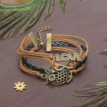 Браслет кожа «Магия знаков» сова и бесконечность, L=17 см, цвет коричнево-рыжий