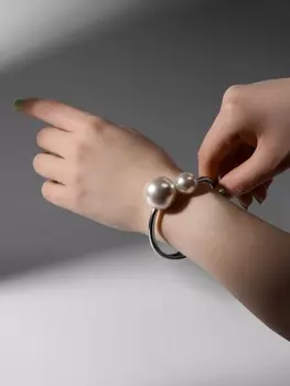 Браслет манжета «Жемчужный», металл, цвет серебро