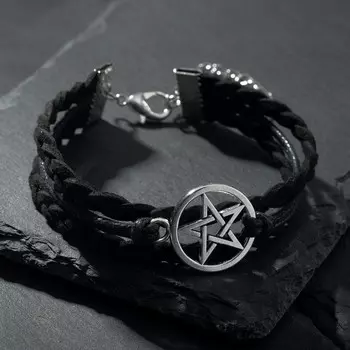 Браслет кожа «Пентаграмма» защита, цвет чёрный в серебре, L=17 см