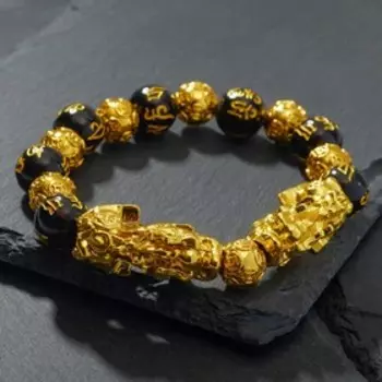 Браслет "Пи Щу" защита и привлечение богатства, 14мм, цвет чёрный в золоте