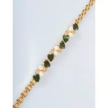 Браслет с жемчугом и нефритом "Жемчужины" с листиками, позолота с родированием