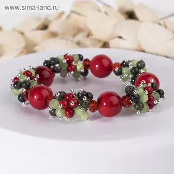 Браслет шар №12 "Коралл" с шариками №4 оникса, змеевика и хрусталём