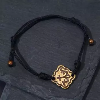 Браслет-шнурок на чёрной нити "Процветший крест" №3 (латунь), H=15мм, L=15мм