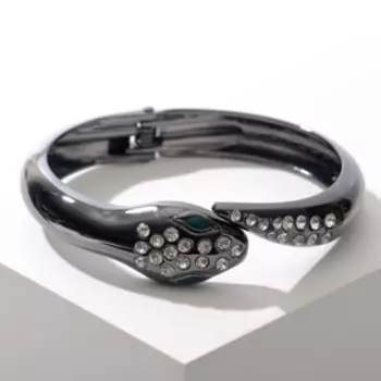 Браслет со стразами "Каркас" змея, цвет бело-изумрудный в черном металле