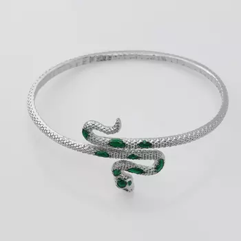 Браслет со стразами «Змея», цвет зелёный в серебре