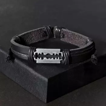 Браслет кожаный «Лезвие», чёрный с чернёным серебром, d=7 см