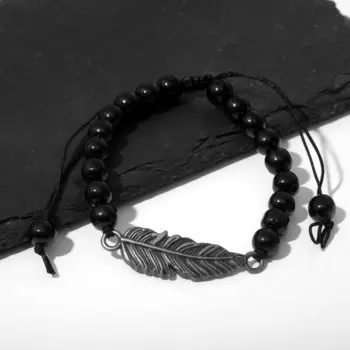Браслет унисекс «Шамбала» перо, цвет чёрный с чернёным серебром, шар №8, d=7 см