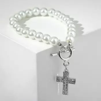 Браслет жемчуг "Крестик" с колечком, цвет белый в серебре