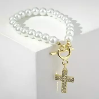 Браслет жемчуг "Крестик" с колечком, цвет белый в золоте