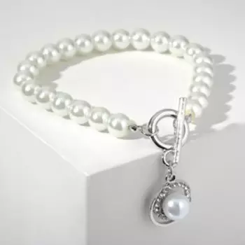 Браслет жемчуг "Круг" с кольцом, цвет белый в серебре