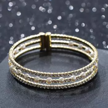 Браслет жемчуг "Пружинка" средний ряд, цвет белый в золоте