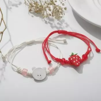 Браслеты "Неразлучники" мишка и клубника, цвет красно-белый