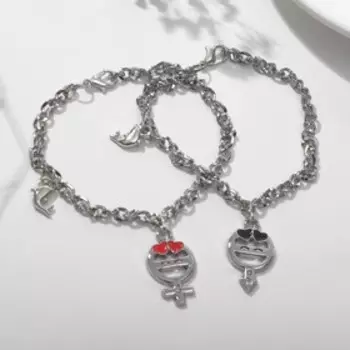 Браслеты парные «Неразлучники» м+ж с дельфинами, чёрно-красные в серебре, L=17 см