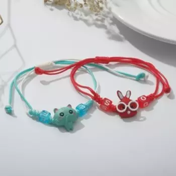 Браслеты "Неразлучники" плетёные, котик и зайчик в очках, цвет красно-голубой