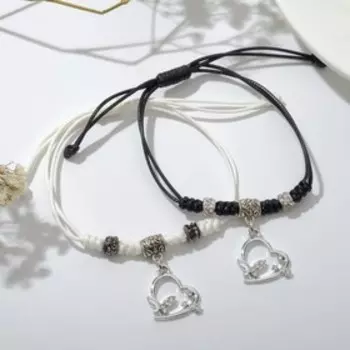Браслеты "Неразлучники" сердечки, цвет чёрно-белый, 12,5см