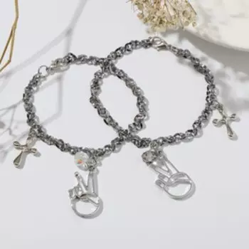 Браслеты парные «Неразлучники» знак мир и крестики, цвет серебро, 17 размер