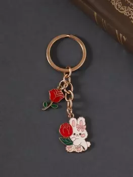 Брелок для ключей на кольце «Зайка и цветы», металл, эмаль, 9 см