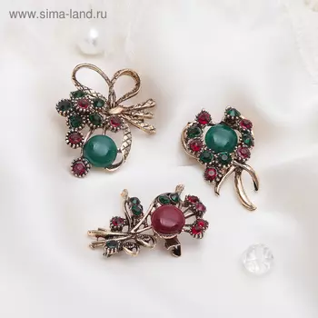 Брошь "Ассорти букетов", цвет красно-зелёный в чернёном золоте, форма МИКС