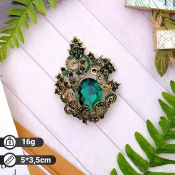 Брошь «Ажур», цвет изумрудный в чернёном золоте