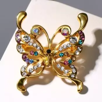 Брошь "Бабочка", цвет страз МИКС в золоте