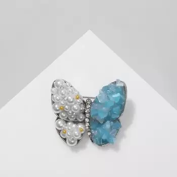 Брошь «Бабочка» друза, цвет бело-голубой в серебре