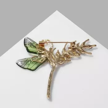 Брошь "Бабочка" на колоске, цвет бело-зелёный в золоте