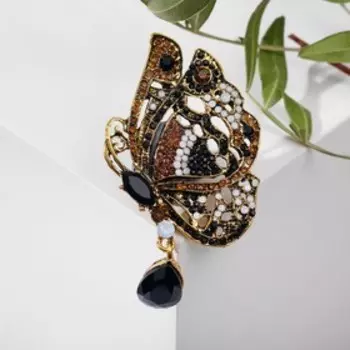 Брошь «Бабочка» винтаж, коричневая в чернёном золоте