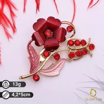 Брошь «Цветение», цвет красный в золоте