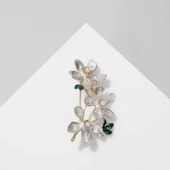 Брошь «Цветочное» трио, цвет бело-зелёный в золоте