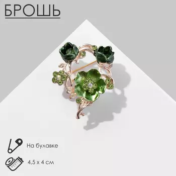 Брошь «Цветочный квартет», цвет зелёный в розовом золоте