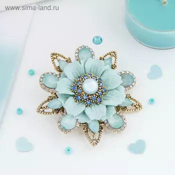 Брошь "Цветок циния", цвет голубой в чернёном золоте