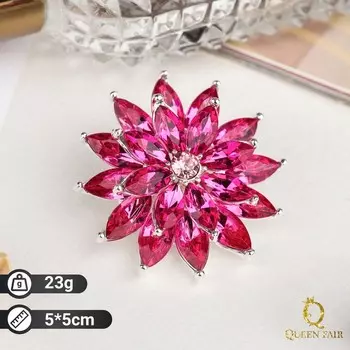 Брошь «Цветок» хризантема, цвет малиновый в серебре