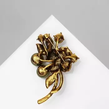 Брошь "Цветок" с жемчугом, цвет зелёный в чернёном золоте