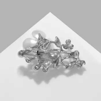 Брошь "Цветы" на жемчужной ветке, цвет белый в серебре