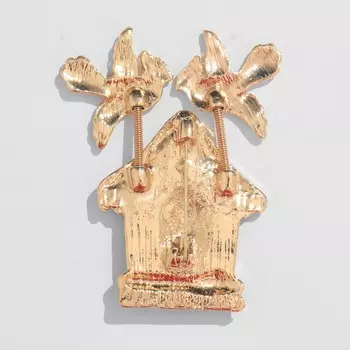 Брошь «Домик» с птичками, цветная в золоте