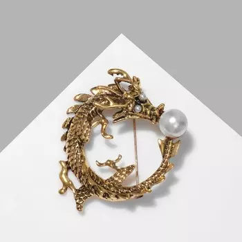 Брошь "Дракон" жемчужный шар, цвет белый в чернёном золоте
