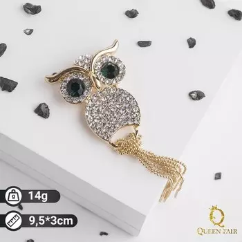 Брошь «Филин» с цепочками, цвет бело-зелёный в золоте