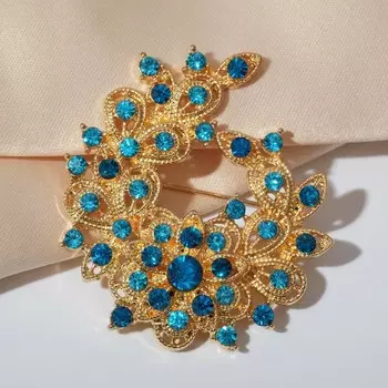 Брошь "Императрица" подкова, цвет морской в золоте