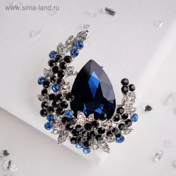 Брошь «Императрица» полумесяц, бело-синяя в серебре