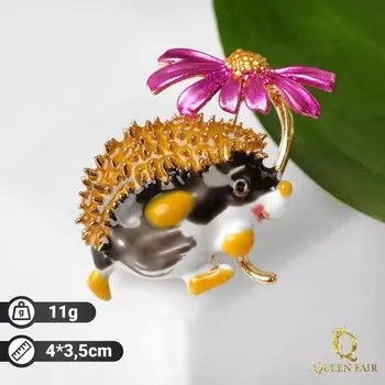 Брошь «Ёжик с цветком», цветной в золоте