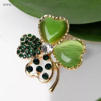 Брошь «Клевер», зелёная в золоте