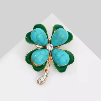Брошь «Клевер» с бирюзой, цветная в золоте
